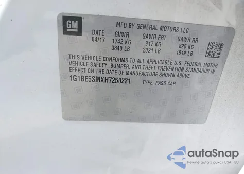 2017 Chevrolet Cruze Lt Auto из США, поврежденный, VIN 1G1BE5SMXH7250221